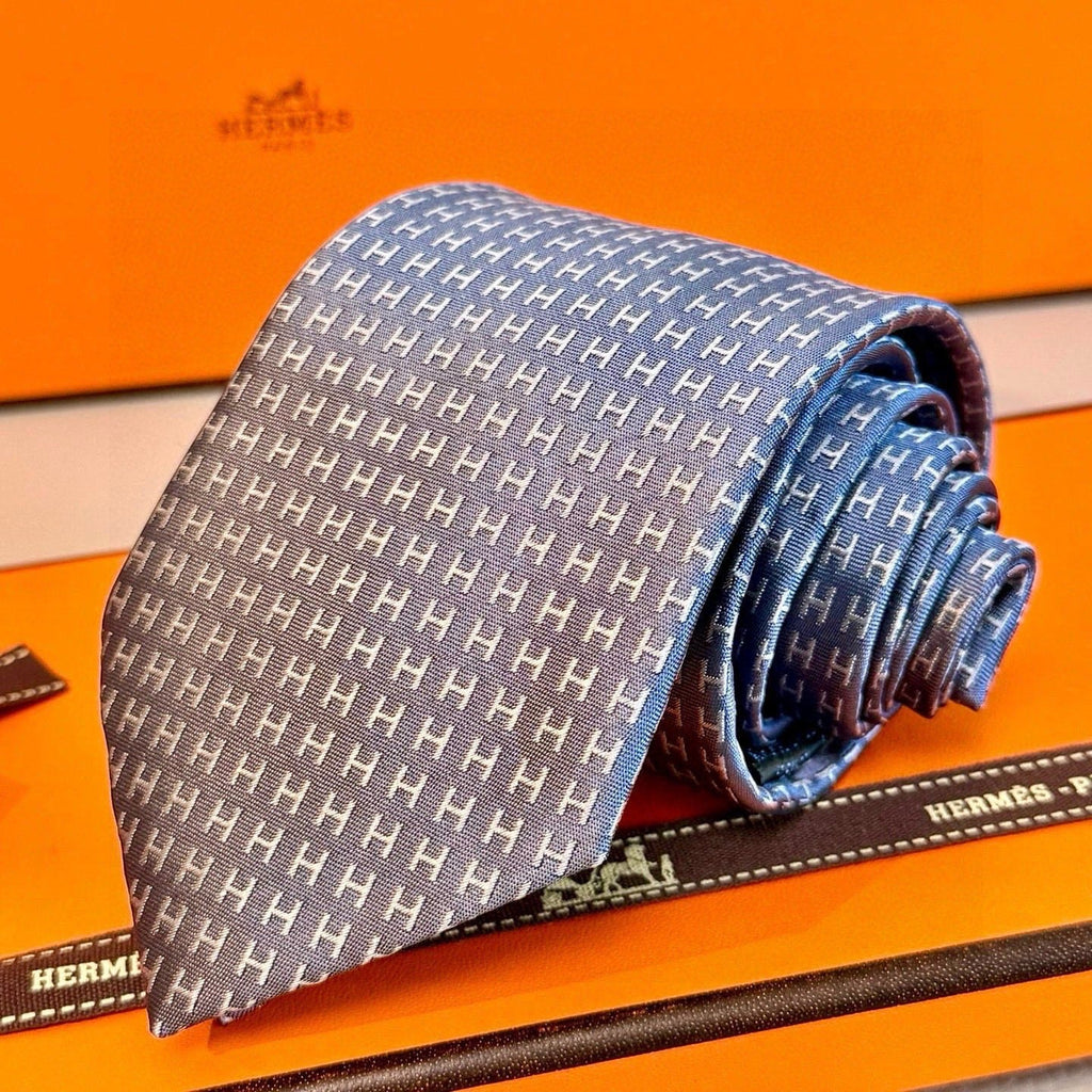 Hermes Style Men's H Pattern Woven Silk Tie