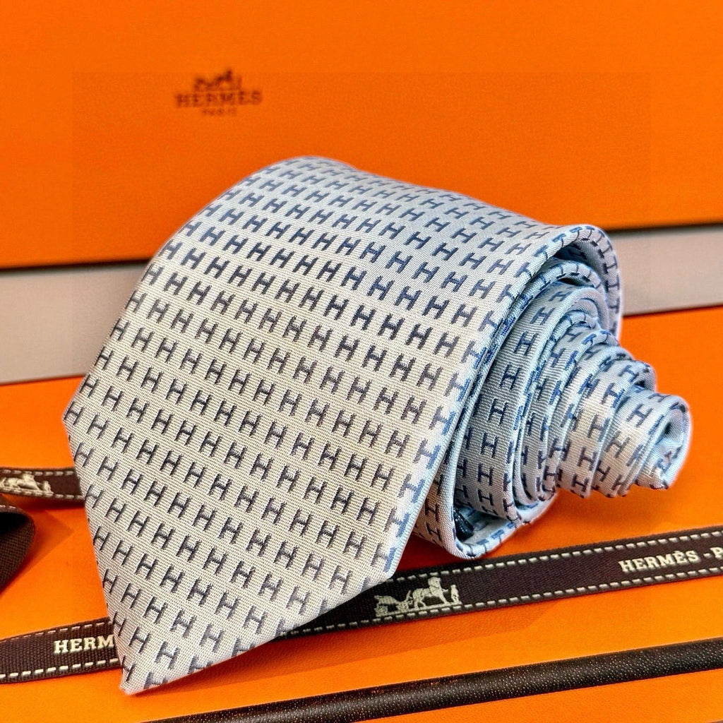 Hermes Style Men's H Pattern Woven Silk Tie