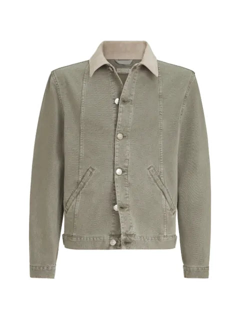 Brunello Cucinelli garment-dyed outerwear jacket in denim with leather collar