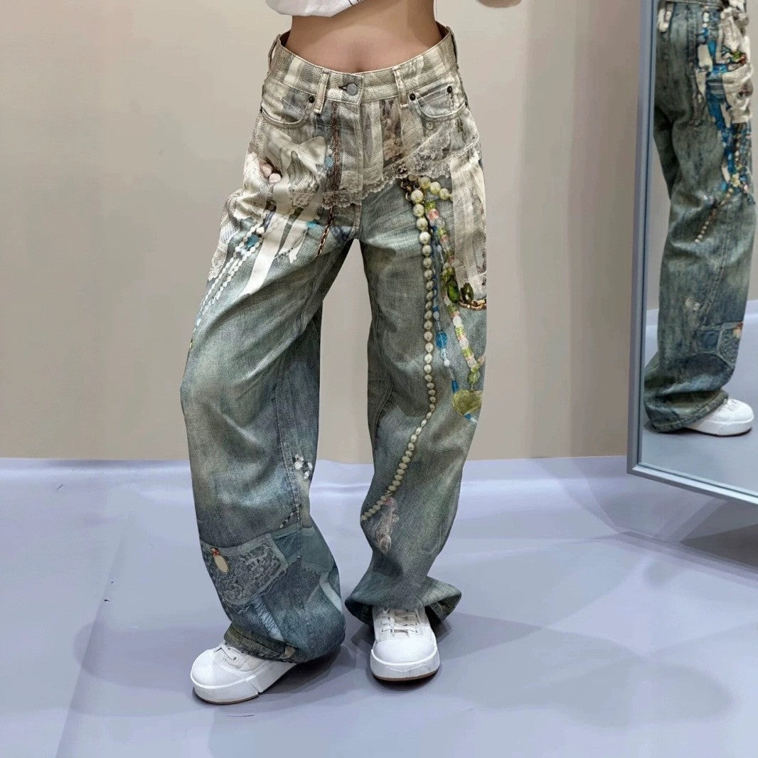 Vintage 3D Print Pearl Chain Curved Baggy Wide Leg Jeans Streetwear