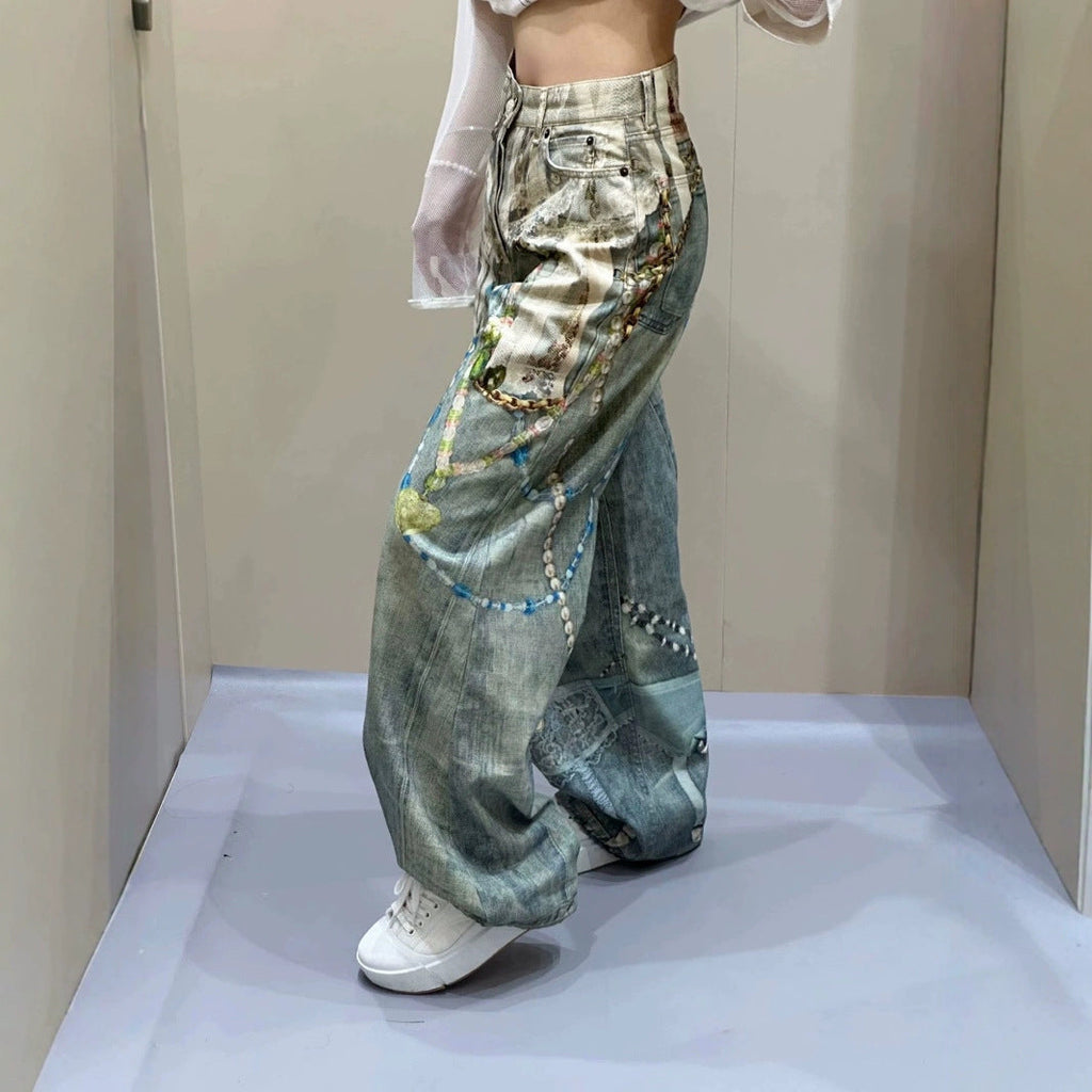 Vintage 3D Print Pearl Chain Curved Baggy Wide Leg Jeans Streetwear