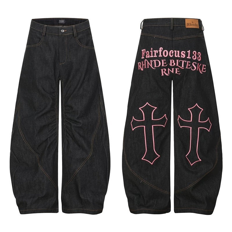 Vintage 3D Print Pearl Chain Curved Baggy Wide Leg Jeans Streetwear