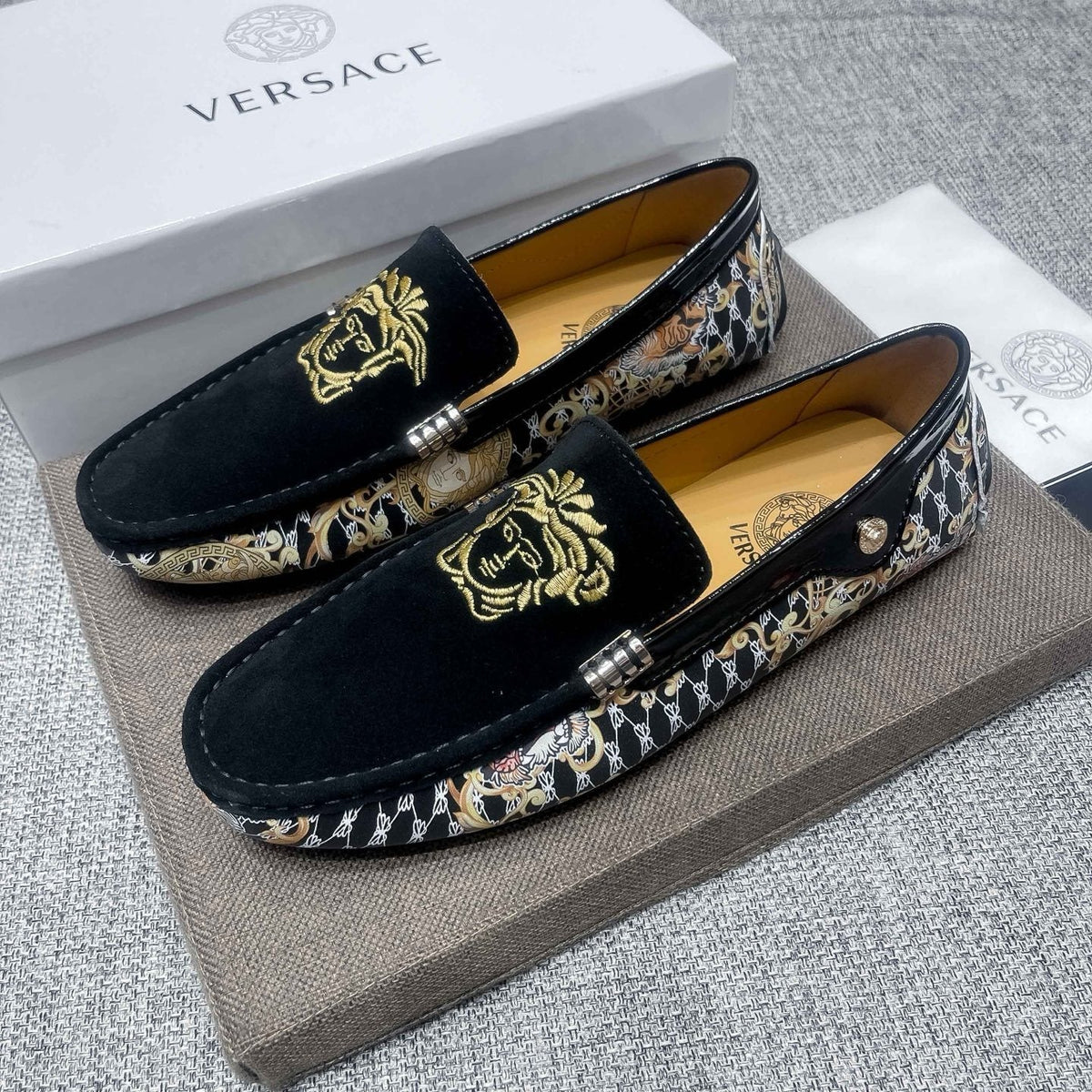 Versace Men's Black Patterned Side Loafers