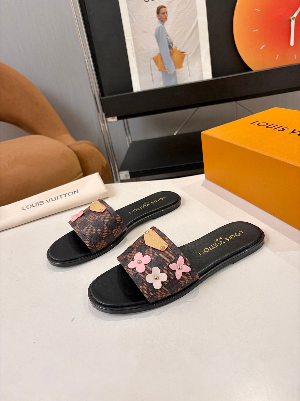 Louis Vuitton Floral Checkered Slide Sandals