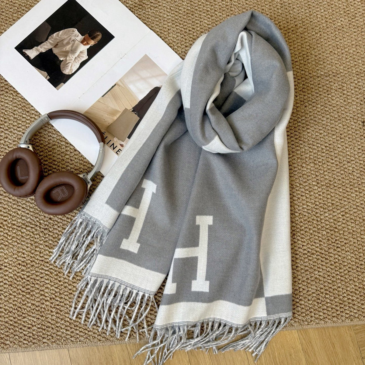 Hermes Fringed Color-Block Letter-Motif Scarf