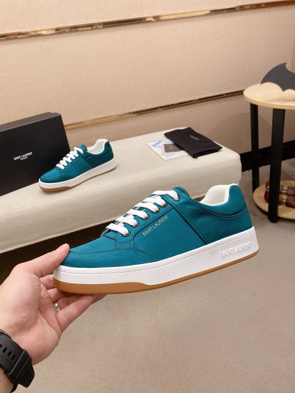 Saint Laurent Teal Blue Perforated Low-Top Sneakers