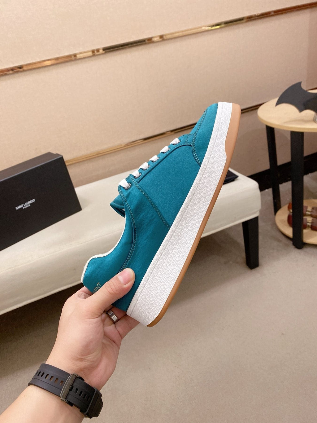 Saint Laurent Teal Blue Perforated Low-Top Sneakers