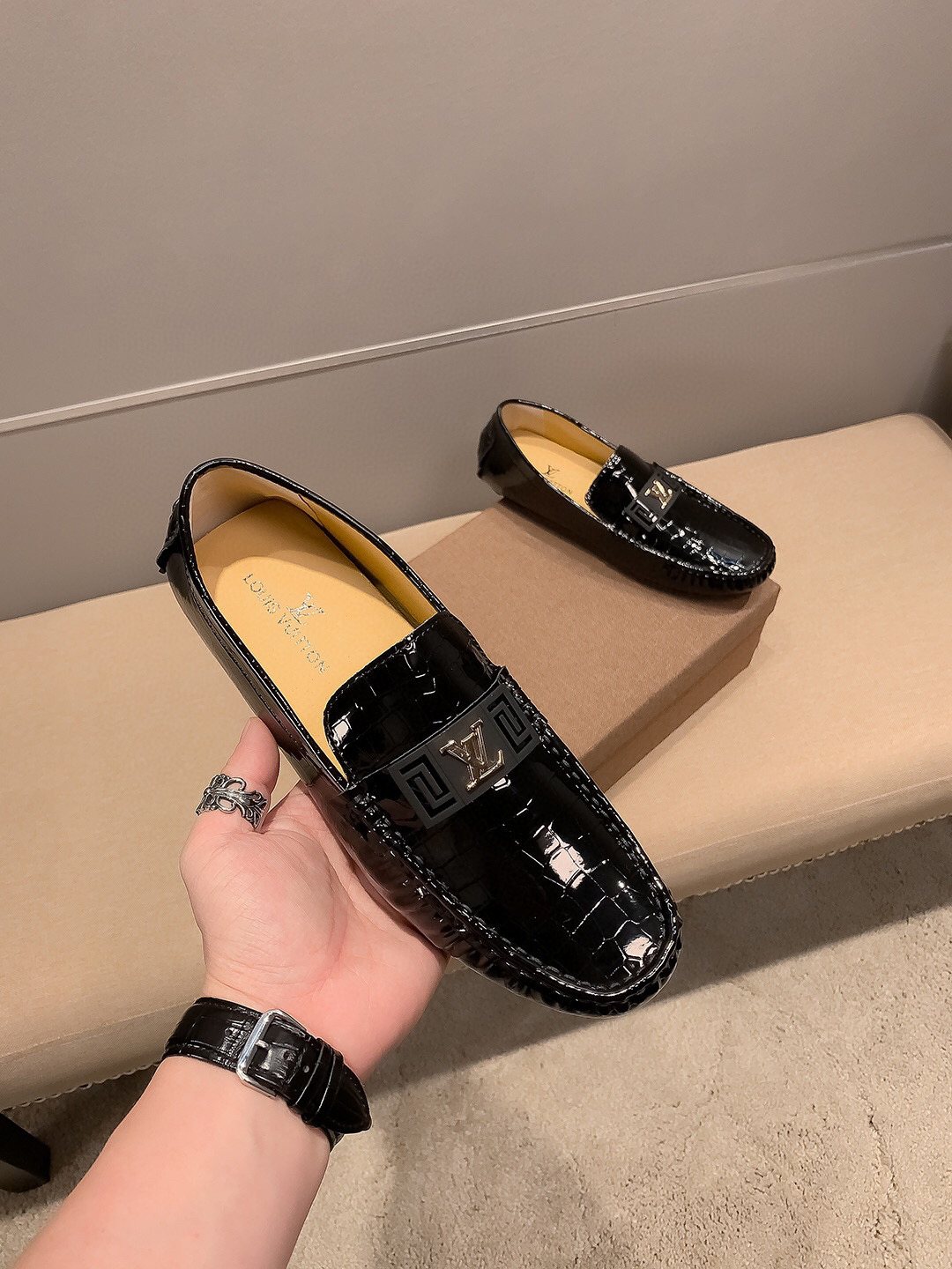 Louis Vuitton Men's Black Embossed Loafers - Low-Profile Sole