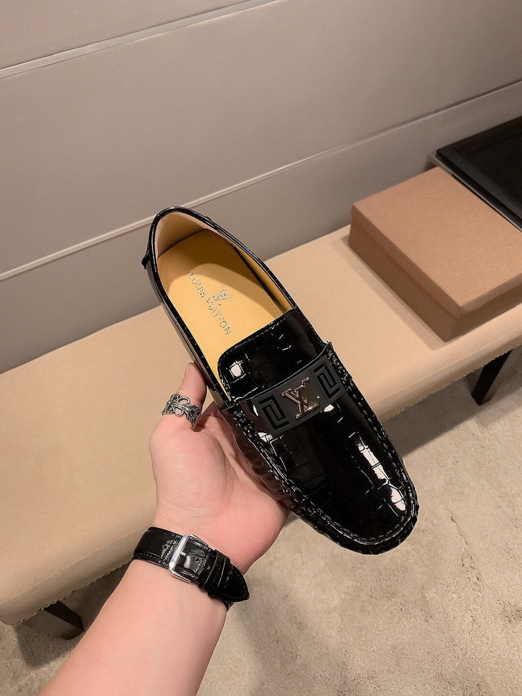 Louis Vuitton Men's Black Embossed Loafers - Low-Profile Sole