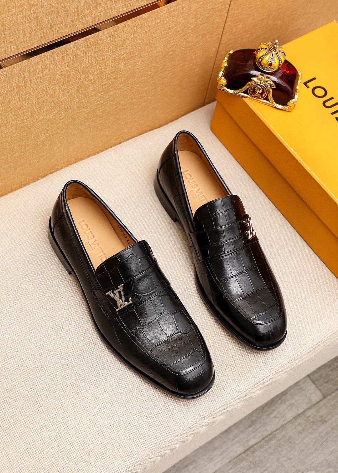 Louis Vuitton Black Embossed Loafers - Metal Vamp Hardware