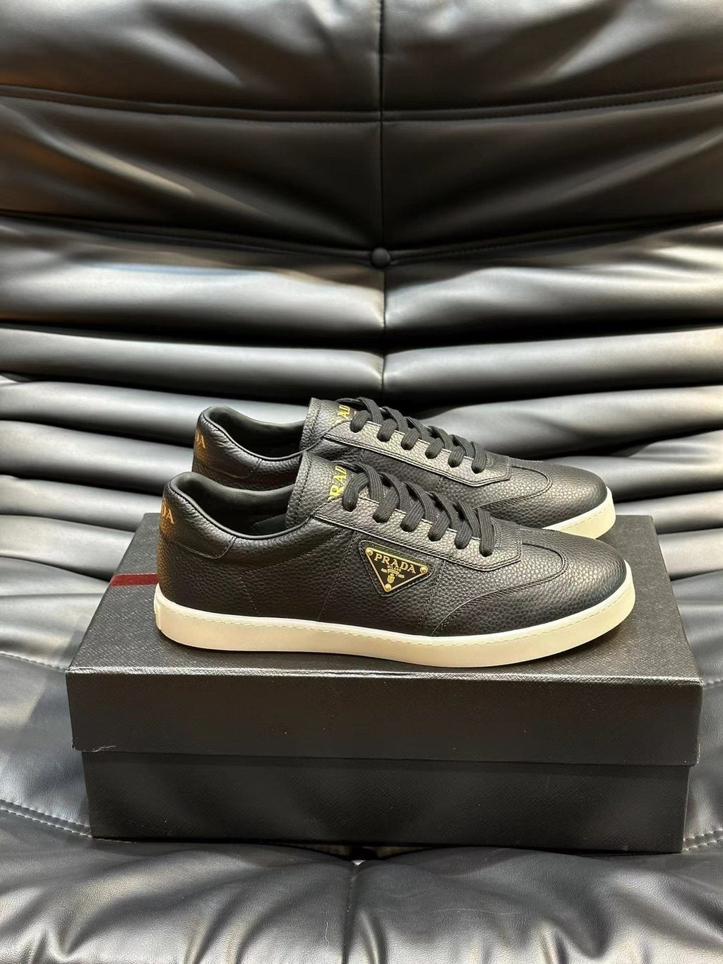Prada Men's Black Leather-Look Low-Top Sneakers