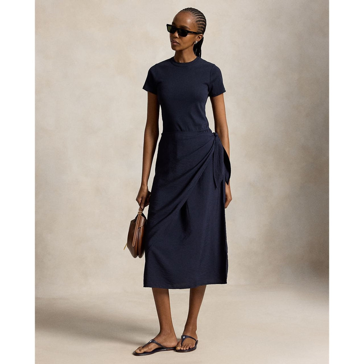 Ralph Lauren Short-Sleeve Faux-Wrap Tie Midi Dress
